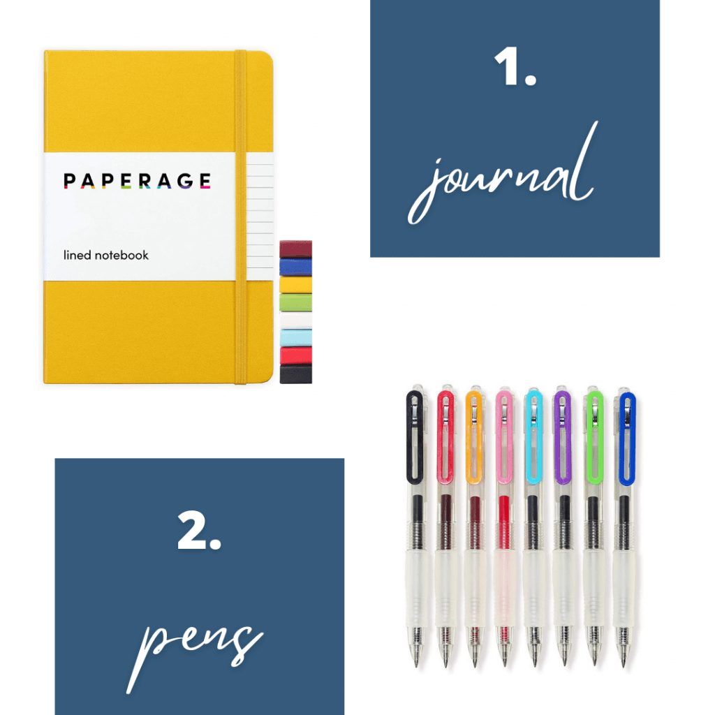 Picture of lined journal and gel pens as gift ideas for new widows